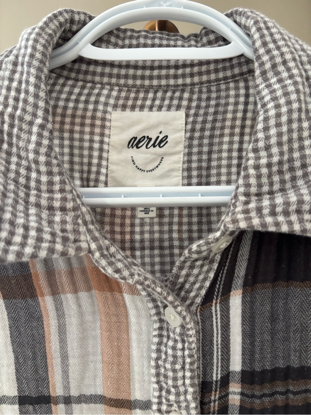 Aerie Plaid Button-Up Shirt in Brown and Cream